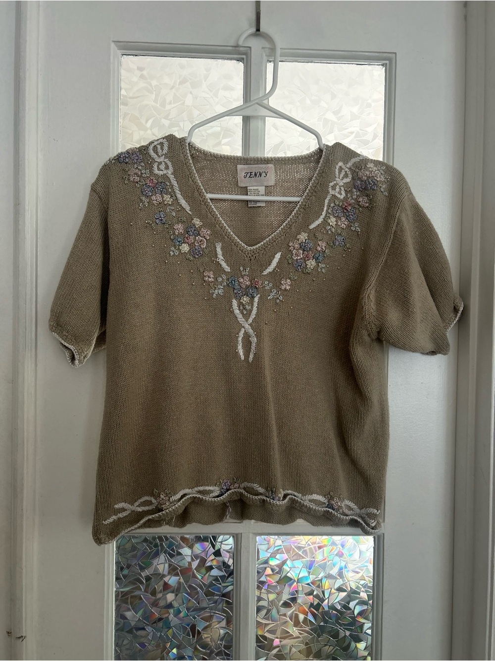 Taupe Embroidered V-Neck Short Sleeve Top